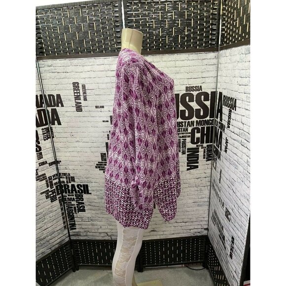 Tantrums XL Purple Print V-Button Neckline Roll-Tab Sleeve Top - Picture 3 of 6